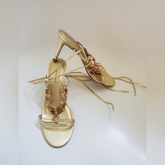 Gold Leather & Rhinestone lace up heel sandles - Picture 8 of 16